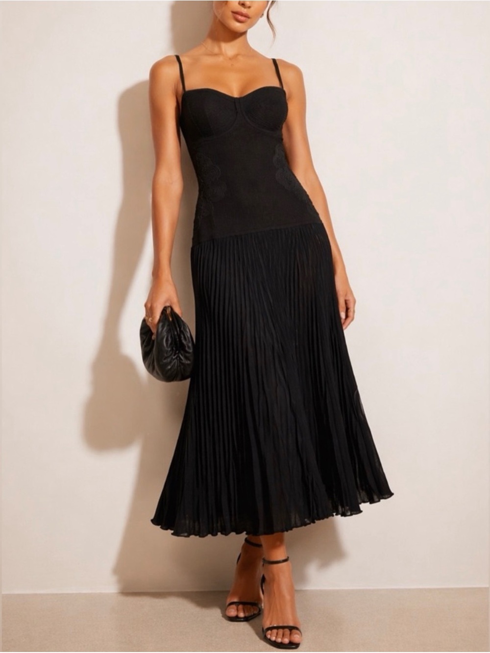 Camila Coelho black pleated sculpted midi dress